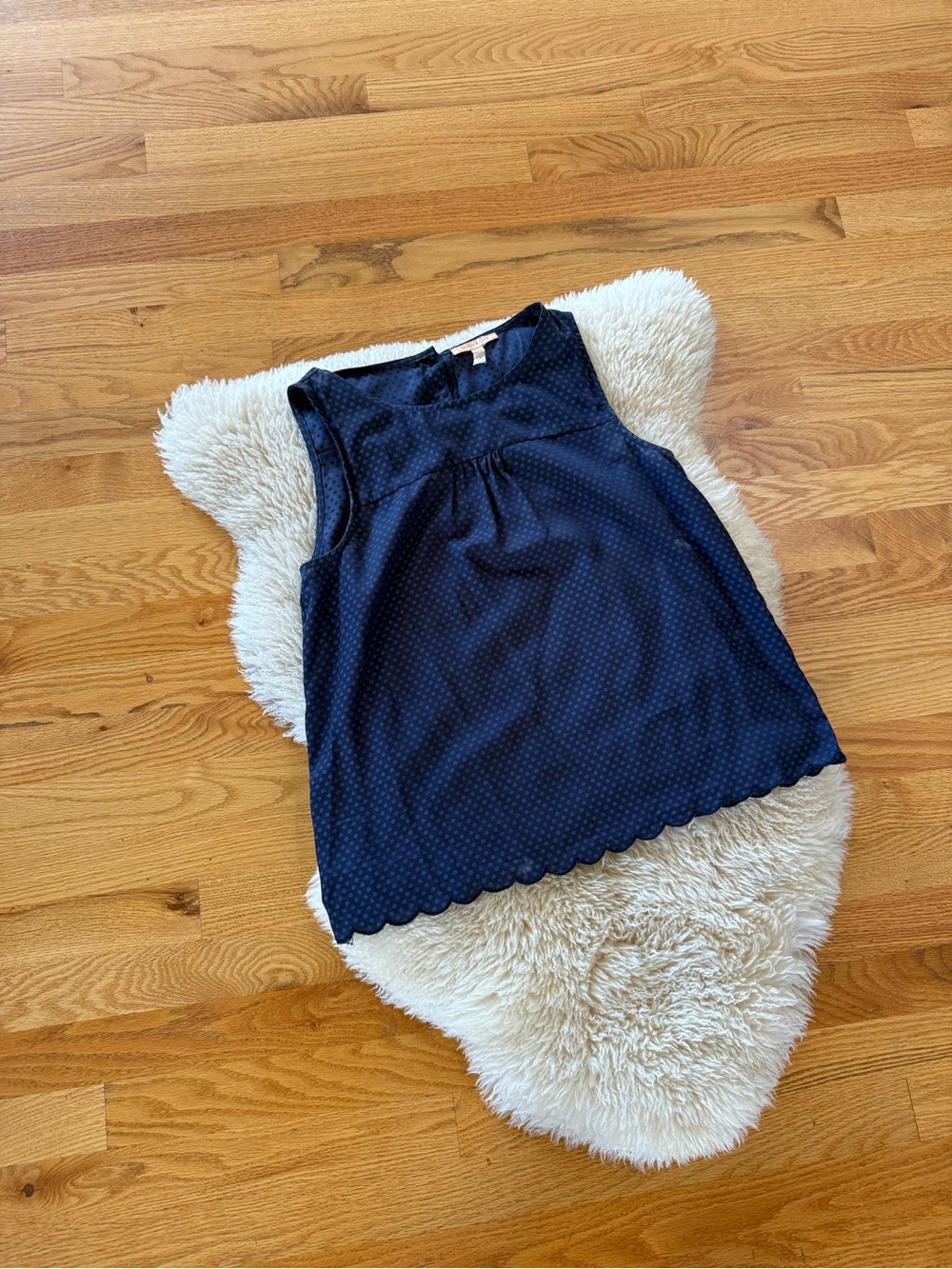 Skies Are Blue Navy Polka Dot Sleeveless Top with Scalloped Hem
